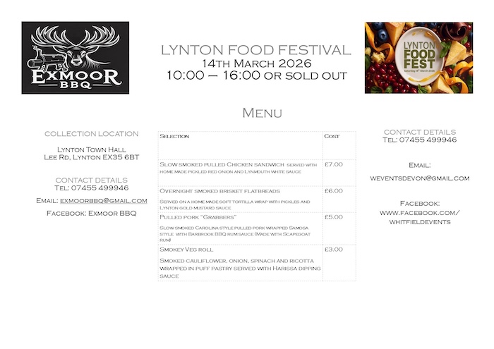 An image of the Exmoor BBQ Menu for the Lynton Food Festival
