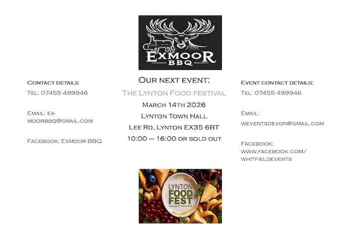 An image showing the contact details for Exmoor BBQ and Whitfield Events