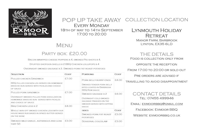 An image of the menu for the popup at the Lynmouth Holiday Retreat.