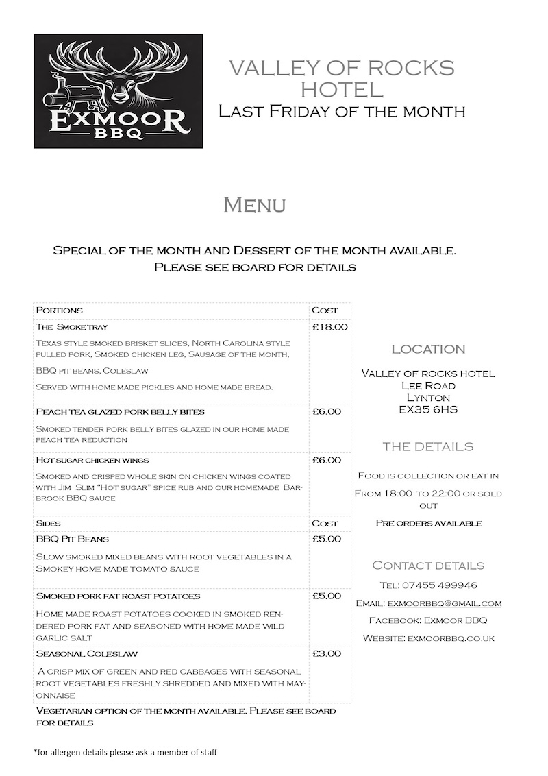 An image of the menu for the monthly popup events at the Valley of the Rocks Hotel. Screen-reader users, or those struggling to read the text from the image, please scroll down the page for a text version.